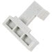 A white plastic Cambro Camshelving connector corner with two holes.