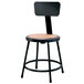 A black metal lab stool with a round brown hardboard seat.