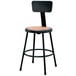 A black lab stool with a wooden seat and back.
