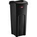 A black Rubbermaid Untouchable 23 gallon trash can with a lid.