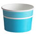A blue and white paper cup with blue and white stripes.