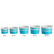 A row of blue paper Choice frozen yogurt cups with a white interior.