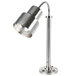 A stainless steel freestanding heat lamp with a metal pole and shade.