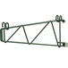 A green Metroseal metal shelf support with two hooks.