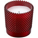 A Sterno flameless wax filled glass candle holder with a red candle inside.