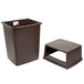 A brown Rubbermaid rectangular trash can with a lid.