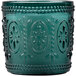 A green glass container with a design and a teal flameless candle inside.