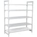A white metal Cambro Camshelving unit with 4 vented shelves and 1 solid shelf.