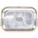 A silver rectangular metal catering tray with a gold border.