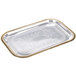 A silver rectangular metal tray with gold trim.