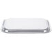 A rectangular silver metal catering tray with gold trim.