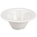 A close up of a white melamine bowl with a wide rim.