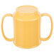A yellow Tritan plastic mug with two handles.