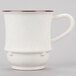 A white GET SAN plastic mug with a brown handle.