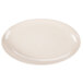 A white oval melamine platter with a plain edge on a white background.