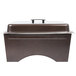 A brown rectangular Sterno chafing dish with a lid on a table.