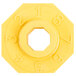 A yellow hexagon shaped object with numbers and a hole in the middle.