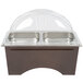 A Sterno Copper Vein Fold Away Chafer with clear dome cover and two half size pans on a counter.
