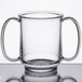 A clear Tritan plastic cup with two handles.