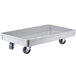 A gray plastic cart with black wheels.