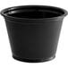 A case of black plastic souffle cups with lids.
