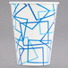 A white paper cup with blue geometric designs and blue lines.
