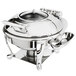 A stainless steel Eastern Tabletop Crown chafer with a hinged glass lid.