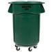 A green Rubbermaid BRUTE trash can with wheels.