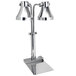 A silver freestanding Eastern Tabletop double arm heat lamp with round shades and swivel necks.