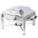 A stainless steel Eastern Tabletop Crown chafer with a lid and silver accents.