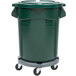 A green Rubbermaid BRUTE trash can with lid and dolly.