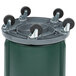 A green Rubbermaid BRUTE round trash can with wheels.