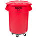 A red Rubbermaid BRUTE 55 gallon trash can with wheels.