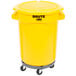 A yellow Rubbermaid BRUTE trash can on wheels with a black lid.