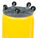 A yellow Rubbermaid BRUTE trash can with wheels.