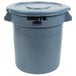 A gray Rubbermaid BRUTE plastic bucket with a lid.