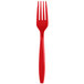 A red plastic fork on a white background.