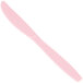 A close-up of a pink plastic knife with a white background.