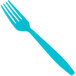 A close-up of a blue plastic Creative Converting fork.