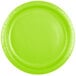 A close-up of a green paper plate with a white background.