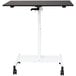 The white Luxor stand up desk with black metal legs and wheels.