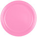 A close-up of a Creative Converting candy pink paper plate.