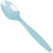 A close-up of a blue Creative Converting plastic spoon.