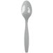 A Creative Converting shimmering silver heavy weight plastic spoon.