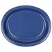 A blue oval paper plate with a white background.