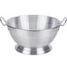 A silver aluminum Vollrath colander with handles and holes.