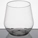 A clear plastic stemless wine goblet with a silver base.
