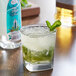 A glass of Master of Mixes mint syrup with ice and mint leaves.