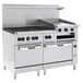 A Vulcan commercial gas range with griddle over a standard oven.