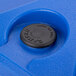A black circular Cambro lid in a blue plastic container.
